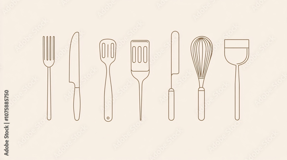 94.A simple, continuous line drawing of essential kitchen utensils, including a spatula, whisk, ladle, and knife, all depicted in a sleek, minimalist style. The one-line design gives a clean, 94.A simple, continuous line drawing of essential kitchen utensils, including a spatula, whisk, ladle, and knife, all depicted in a sleek, minimalist style. The one-line design gives a clean,