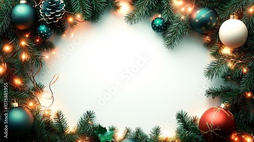 Christmas Border with Pine Branches,Ornaments,and Glowing Fairy Lights