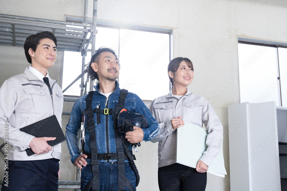 作業を着たゼネコン系の人とデニムを着た現場監督など未来や目標、希望を見上げる3人 現場のITやdx化の推進 作業を着たゼネコン系の人とデニムを着た現場監督など未来や目標、希望を見上げる3人 現場のITやdx化の推進