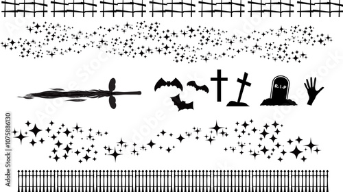 星々と墓地・コウモリ墓・壊れた柵のホラーイメージイラスト素材