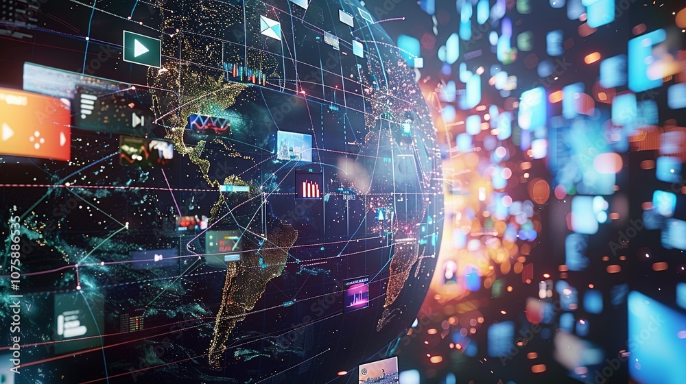Obraz premium Visualizing Interconnectedness: A Digital Globe with Media Images and Network Connections
