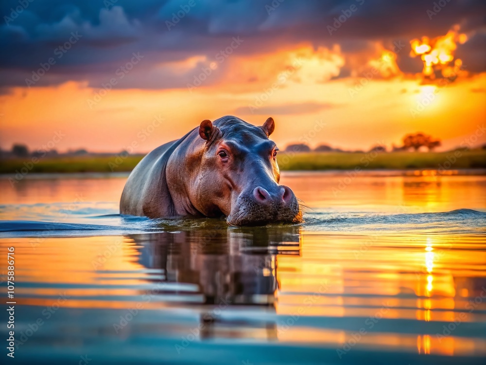 Obraz premium Majestic Hippopotamus Surfaces in Serene Waters at Dusk, Captured in Stunning Long Exposure to Emphasize Tranquility and Natural Beauty of African Wildlife