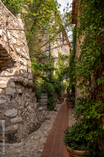 Old buildings and narrow streets in the medieval village of Eze, France.