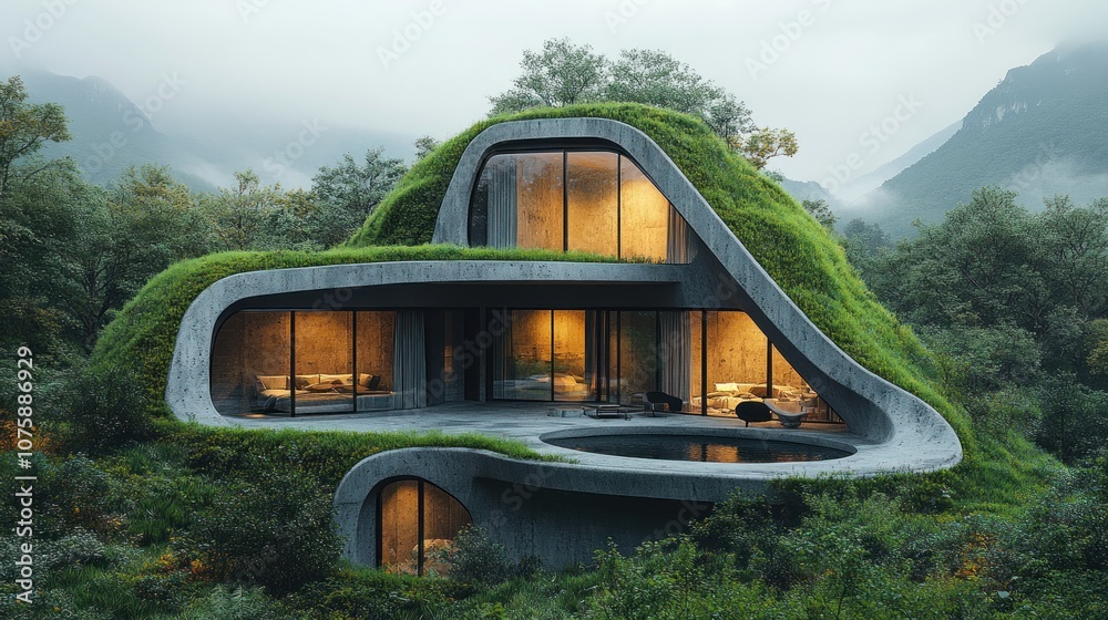 Fototapeta premium A futuristic, modern, and eco-friendly home nestled in a lush green forest with a swimming pool.