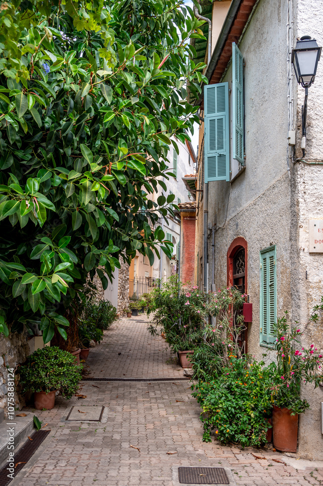 Fototapeta premium Old town city street in the French city of Villefranche Sur Mer.
