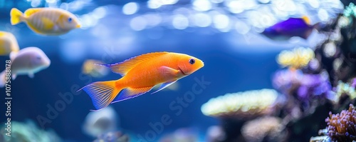 A vibrant orange fish swims among colorful corals in a clear aquarium, showcasing a lively underwater ecosystem.