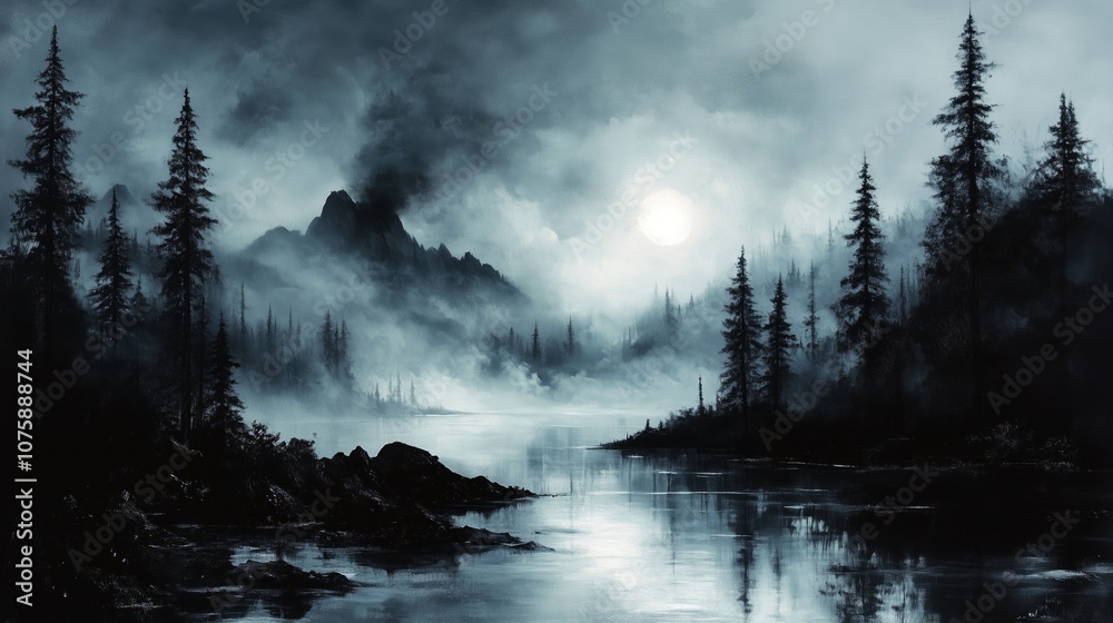 Serene Foggy Landscape with Mountains and Reflections