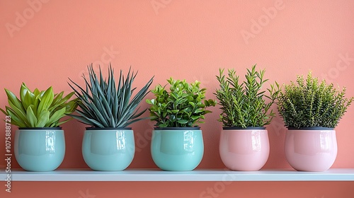 Modern Home Decor with Green Plants in Colorful Pots on Shelf