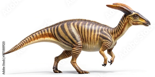 Close-up of a striped Parasaurolophus dinosaur on a white background photo