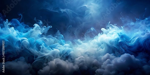 Abstract ethereal swirls of blue and white smoke against a deep blue backdrop, evoking a celestial dreamscape