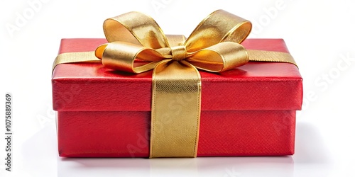 Red gift box with golden ribbon and bow on white background, Christmas, birthday, present, surprise, celebration, holiday