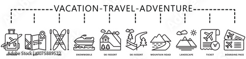 Travel, vacation, adventure icon banner. contain suitcase, map, ticket, ski, ski resort, snow mobile, mountain, winter, and more. Vector EPS 10. for print, UI or UX kit, web and app development