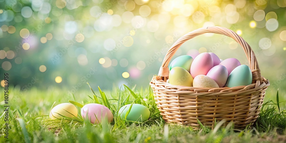 Pastel Easter eggs in woven basket on grass with bokeh background, pastel, Easter, eggs, woven basket, grass, bokeh Pastel Easter eggs in woven basket on grass with bokeh background, pastel, Easter, eggs, woven basket, grass, bokeh
