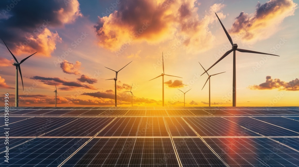 An expansive field of solar panels and wind turbines glowing An expansive field of solar panels and wind turbines glowing