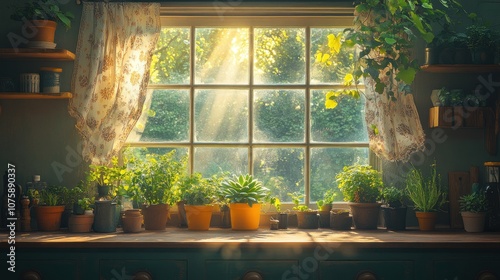 Sunbeams stream through a window illuminating potted plants on a windowsill.