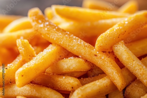 Close-up of crispy golden french fries with salt and pepper seasoning.
