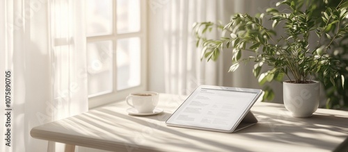 Tablet, coffee cup, and plant on a white table by a window.