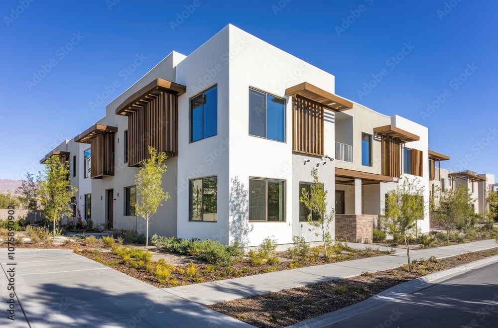 A modern two-story house with white stucco walls, wooden slats on the sides of each window and door, glass windows in front, and greenery around it. A modern two-story house with white stucco walls, wooden slats on the sides of each window and door, glass windows in front, and greenery around it.