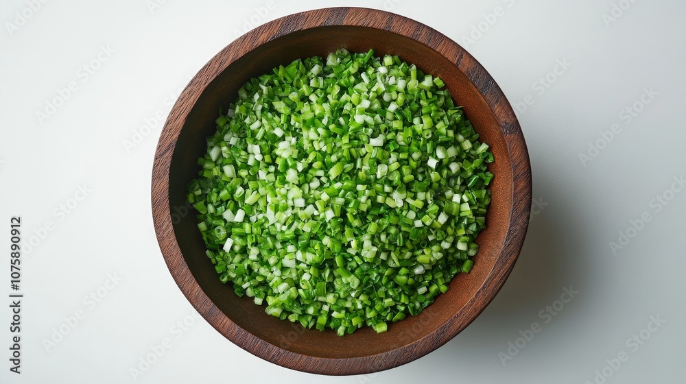 75.Overhead view of a wooden bowl filled with finely chopped spring onions, isolated on a white background. The chopped green onions are evenly spread within the bowl, their vivid color standing out 75.Overhead view of a wooden bowl filled with finely chopped spring onions, isolated on a white background. The chopped green onions are evenly spread within the bowl, their vivid color standing out