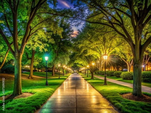 Night Photography of a Serene Pathway Through a Lush Green Campus, Illuminated by Soft Lights and Surrounded by Vibrant Flora, Creating a Tranquil Atmosphere for Evening Strolls