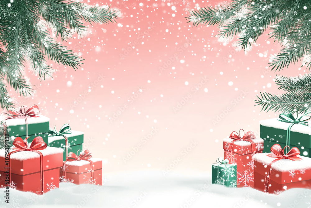 Merry Christmas banner with blank space for text, giftboxes, fir tree branches, snow falling Merry Christmas banner with blank space for text, giftboxes, fir tree branches, snow falling