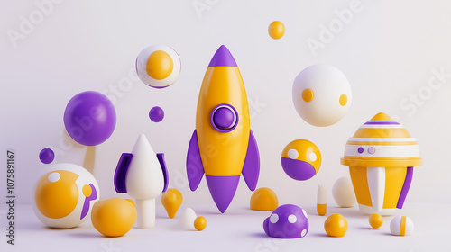Yellow rocket launching with planets and abstract shapes floating in space