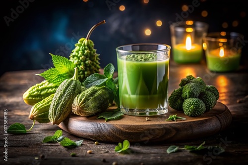 Night Photography of Herbal Juice from Green Momordica, Balsam Apple, Balsam Pear, and Bitter Cucumber in a Dark Setting with Glowing Effects and Natural Elements photo