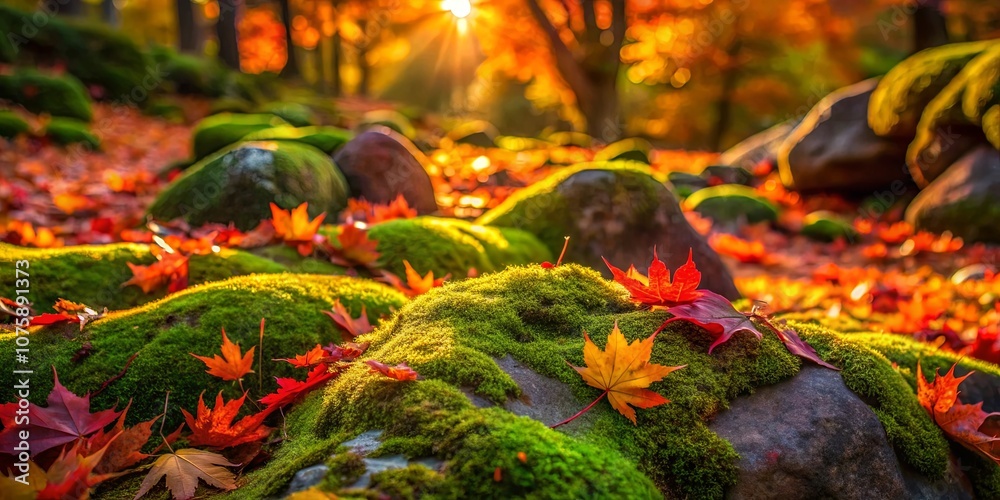 A tapestry of fallen leaves, nestled in the lush embrace of moss-covered stones, bathed in the golden glow of a setting sun. A tapestry of fallen leaves, nestled in the lush embrace of moss-covered stones, bathed in the golden glow of a setting sun.