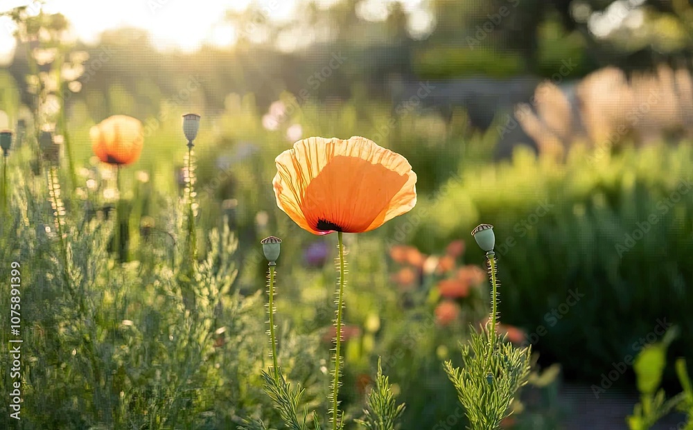 Naklejka premium A close-up of an orange poppy flower in full bloom, with the background blurred to emphasize its beauty and softness.