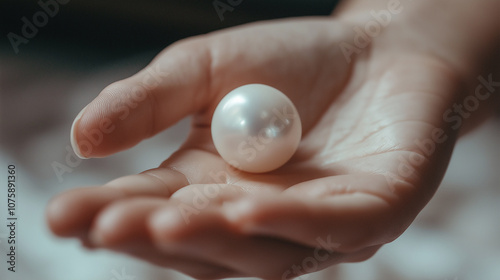 Woman holding a big white pearl in open palm
