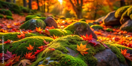 A tapestry of fallen leaves, nestled in the lush embrace of moss-covered stones, bathed in the golden glow of a setting sun.