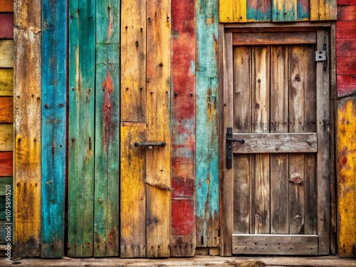 Old Multicolored Wood Paneling and Weathered Wooden Doors with Copy Space for Rustic Decor Projects and Backgrounds in Natural Light