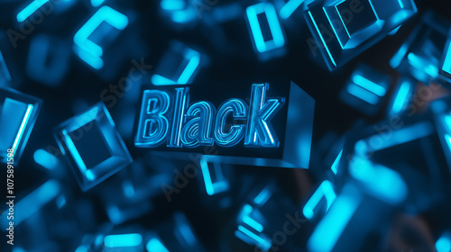 Black friday cyber monday sale neon sign with blue glowing squares floating a...