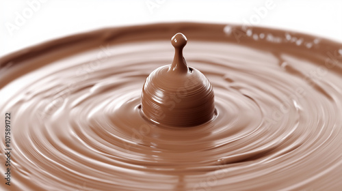 Drop of melted chocolate creating concentric ripples on liquid chocolate surface