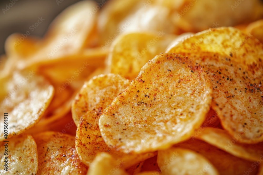 Close-up of crispy potato chips with red pepper seasoning. Close-up of crispy potato chips with red pepper seasoning.