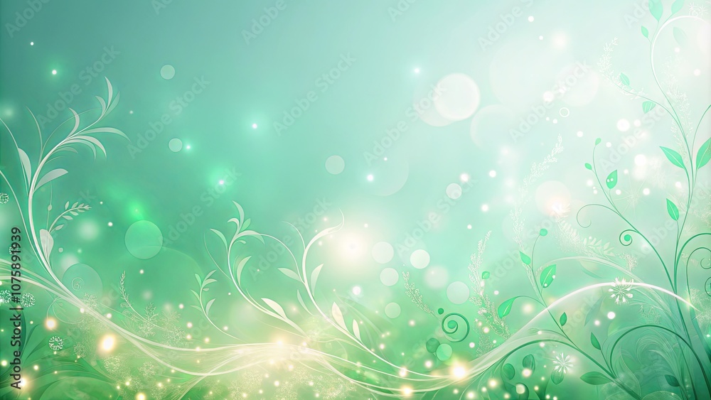 Abstract Dreamy Green Floral Background with Shimmering Lights and Delicate Vines Abstract Dreamy Green Floral Background with Shimmering Lights and Delicate Vines
