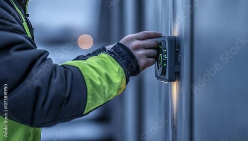 A worker in a reflective jacket uses a keypad to unlock a door in a dimly lit environment, emphasizing industrial or security settings.