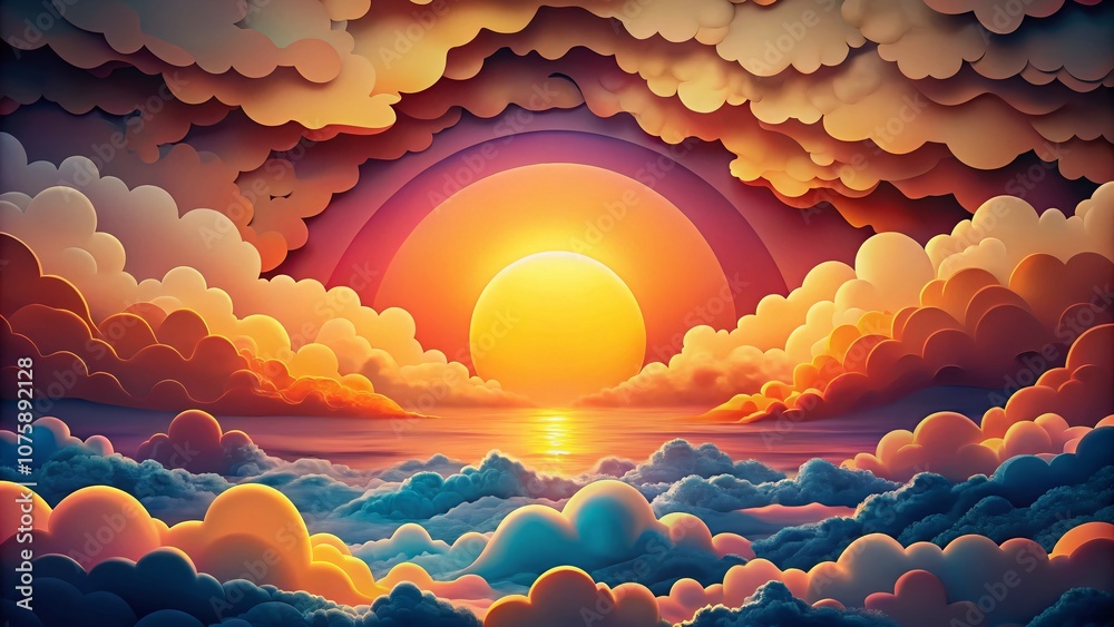 Fototapeta premium Panoramic Sunset Sky with Colorful Clouds and Sun in Paper Art Style, 3D Illustration Capturing a Dreamy Atmosphere for Stunning Visuals and Unique Decor Options