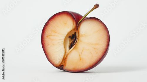 Red apple cut in half showing seeds and stem on white background