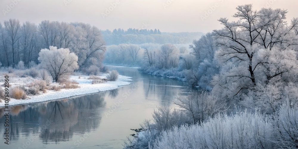 Winter river surrounded by hoarfrost-covered trees and snow, creating a serene and picturesque scene, Winter, river, trees Winter river surrounded by hoarfrost-covered trees and snow, creating a serene and picturesque scene, Winter, river, trees