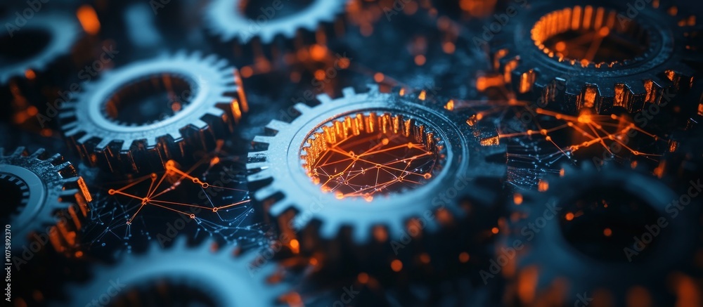 Close-up of interlocking metal gears with a glowing orange network in the background. Close-up of interlocking metal gears with a glowing orange network in the background.