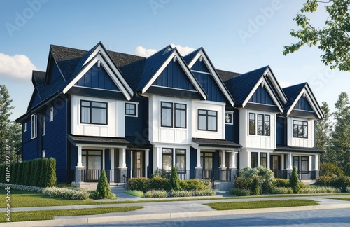 new townhouses with dark blue and white exterior walls, nestled in the heart of a dangerous neighborhood