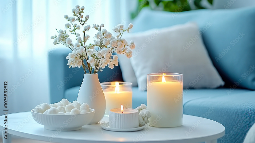 Close up of candles on white coffee table near blue sofa. Scandinavian living room Close up of candles on white coffee table near blue sofa. Scandinavian living room
