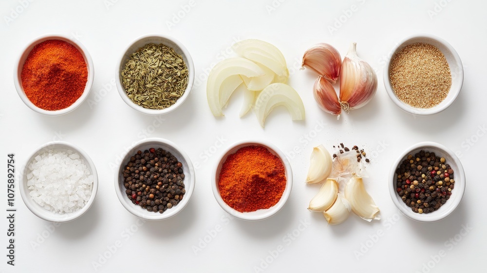 49.Fresh garlic cloves, onion rings, and assorted spices arranged in a flat-lay style on a white table. The bold colors of the onions and spices stand out against the soft, white tones of the garlic, 49.Fresh garlic cloves, onion rings, and assorted spices arranged in a flat-lay style on a white table. The bold colors of the onions and spices stand out against the soft, white tones of the garlic,