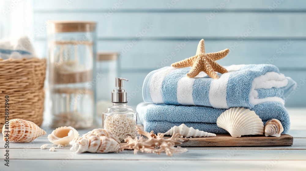Coastal Themed Bathroom Decor with Blue and White Towels Coastal Themed Bathroom Decor with Blue and White Towels