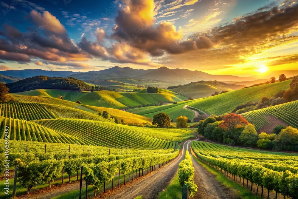 Fototapeta premium Panoramic Watercolor Landscape of a Lush Vineyard Under a Clear Blue Sky, Showcasing Rolling Hills and Majestic Mountains in the Distance on a Bright Sunny Day