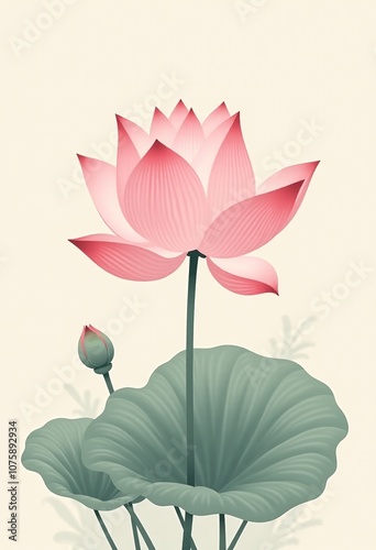 Graceful Pink Lotus: Asian Minimalist Artwork, Zen Botanical Sketch, Traditional Chinese Floral Painting, Soft Pastel Gradient, Serene Composition