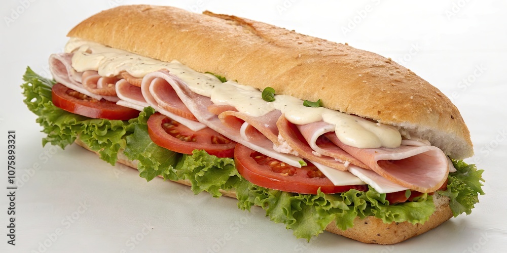 Submarine sandwich with turkey and black forest ham on a bed of lettuce, tomatoes, and mayo, submarine sandwich Submarine sandwich with turkey and black forest ham on a bed of lettuce, tomatoes, and mayo, submarine sandwich