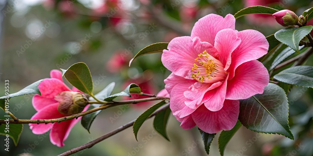 Obraz premium Closeup of a beautiful camellia japonica flower blooming in bright colors , background, beauty, bloom, blooming