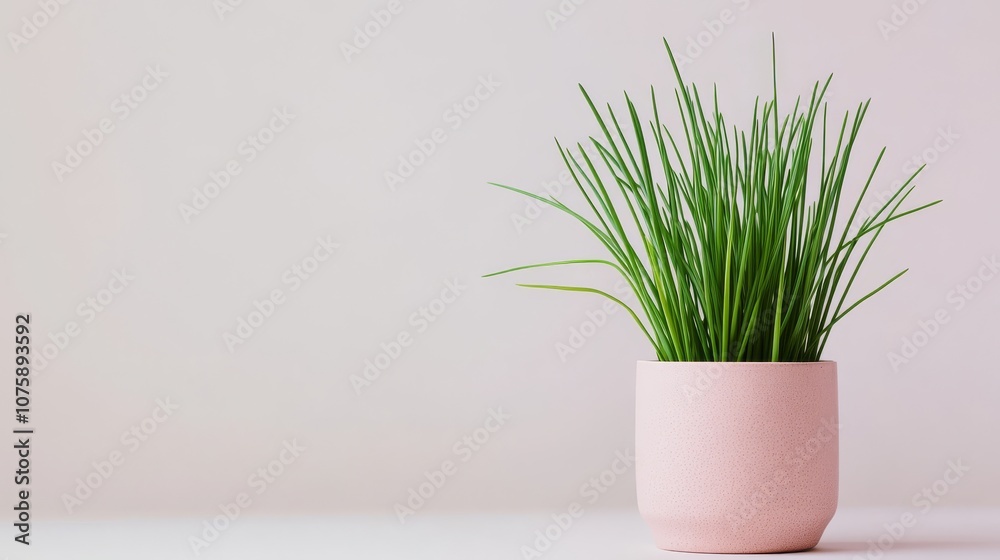 89.A potted plant of vibrant green chives, isolated on a simple background. The fresh chive blades extend gracefully from the pot, with their clean lines and natural texture creating a minimalist, 89.A potted plant of vibrant green chives, isolated on a simple background. The fresh chive blades extend gracefully from the pot, with their clean lines and natural texture creating a minimalist,